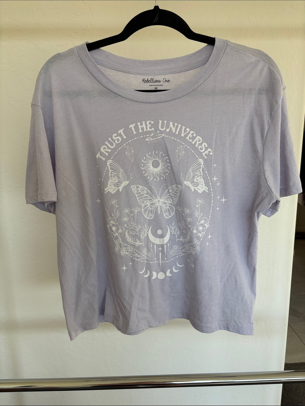 Rebellious One Lavender Tee with White Celestial Butterfly Print